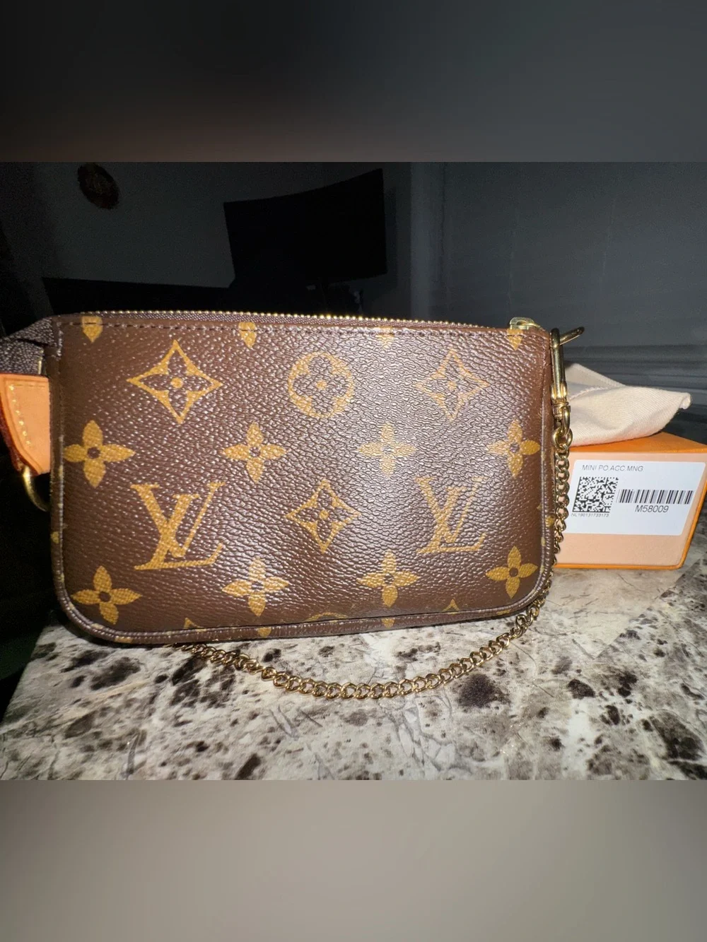 Louis Vuitton Monogram Canvas Mini Pochette with Gold Chain